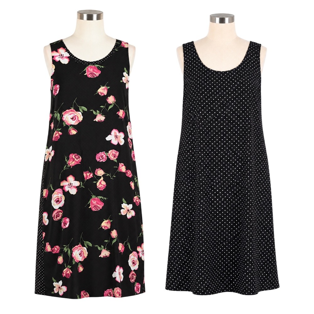 Impressions Reversible Dress Women Medium Black Floral Polka Dot Sleeveless Midi